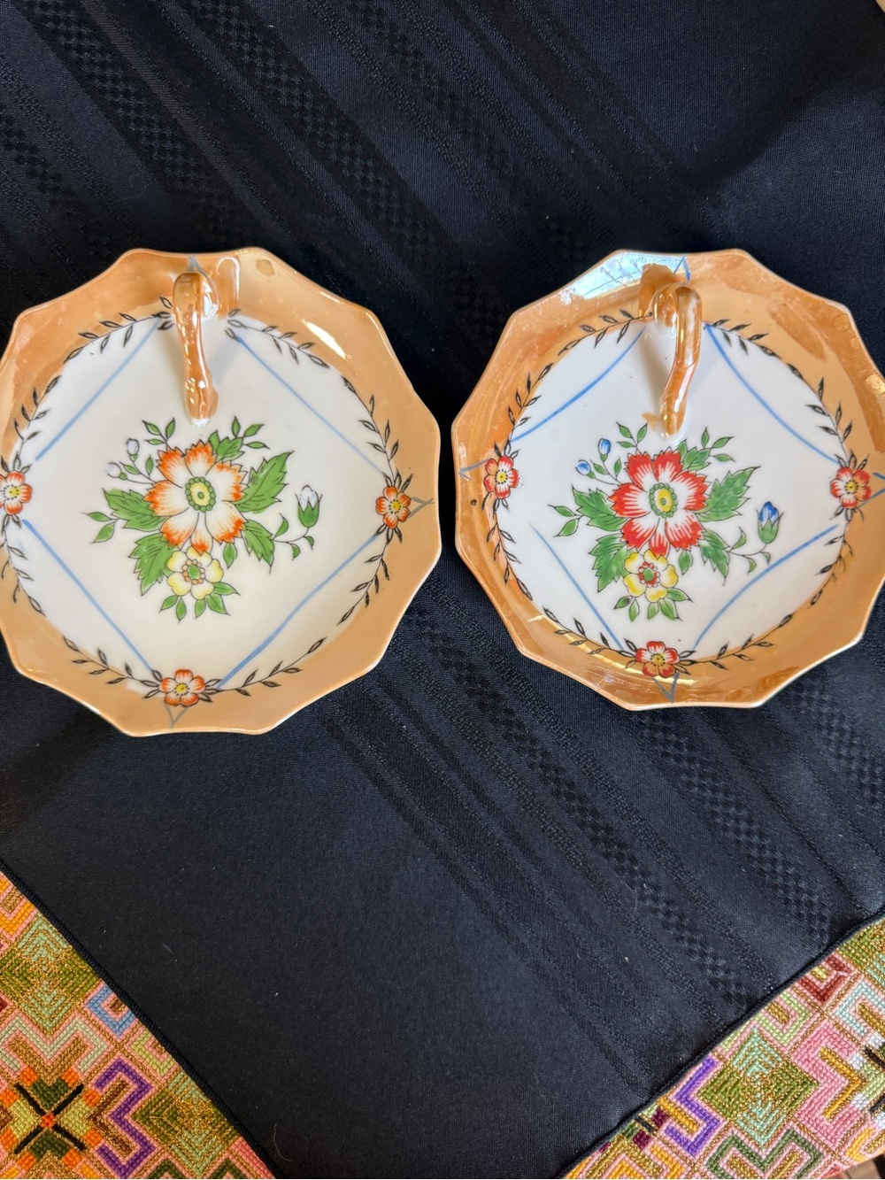 Vintage Japanese Hand-painted Lusterware Ring Dish / nappy lemon dish set of 2